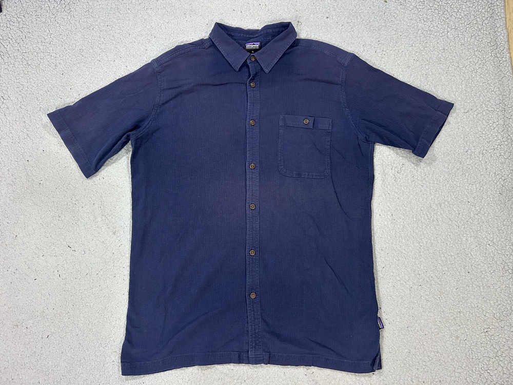 Patagonia Shirt Mens XL Blue Organic Cotton Short Sleeve Button Up Textured